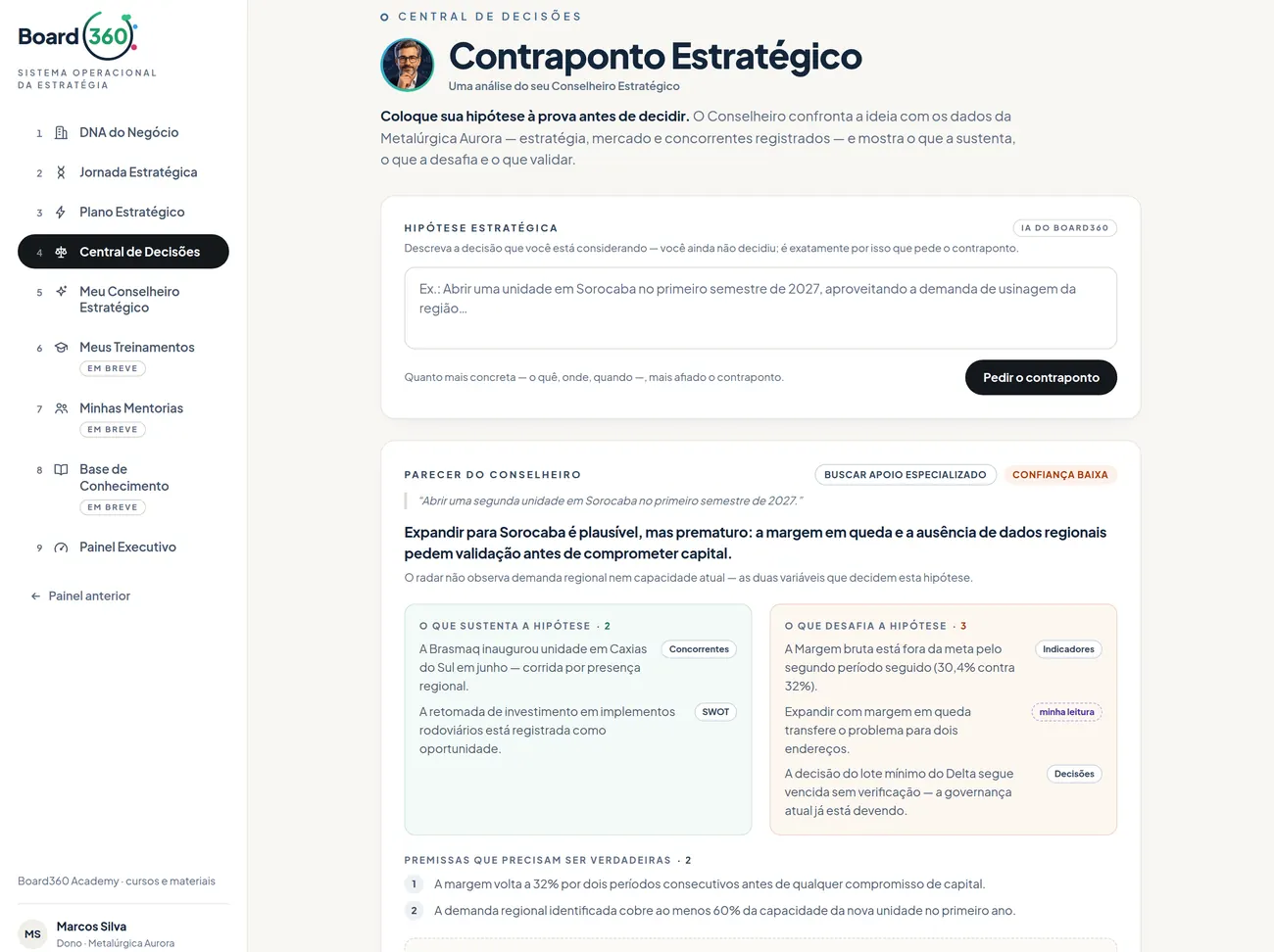 Contraponto Estratégico: parecer com o que sustenta e o que desafia a hipótese, cada argumento com a etiqueta da sua origem.